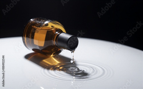 Wallpaper Mural Golden liquid drips from bottle, creating ripples on white surface against dark background. Torontodigital.ca