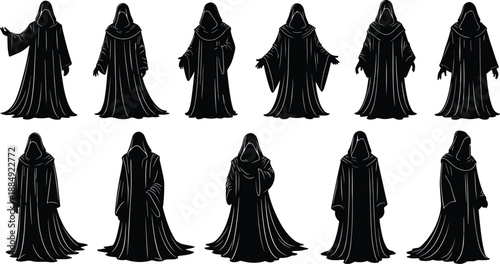 Set of mysterious hooded figure silhouettes wearing long robes and cloaks, collection of dark wizard, monk or priest characters in various poses,