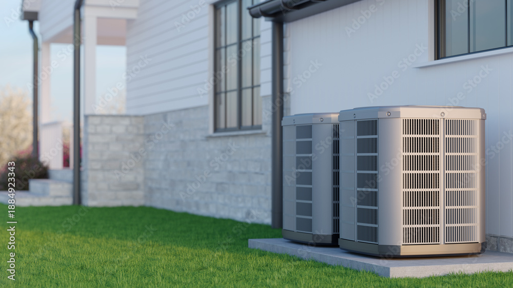 Fototapeta premium Air heat pumps beside house, 3D illustration