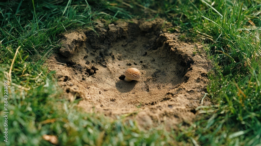 Obraz premium Small mushroom in grassy patch of dirt. Close up. Outdoor. Stock photo