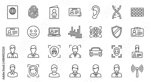 Set of various black and white icons representing identification, security, communication, and technology concepts.