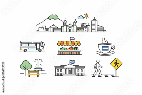 El Salvador urban life icons in modern line art vector style