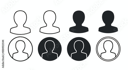 Set of simple user profile icons in various styles and outlines.