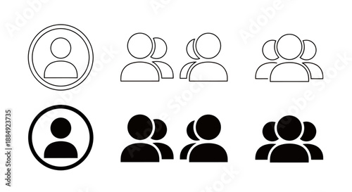 Set of user profile icons in outline and solid styles.
