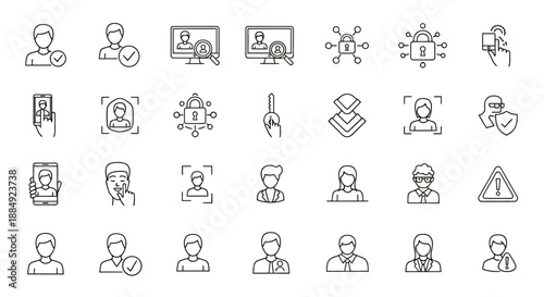Set of various thin line icons representing user profiles and network connections.