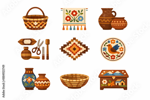 Salvadoran handicraft icons in minimal flat vector style