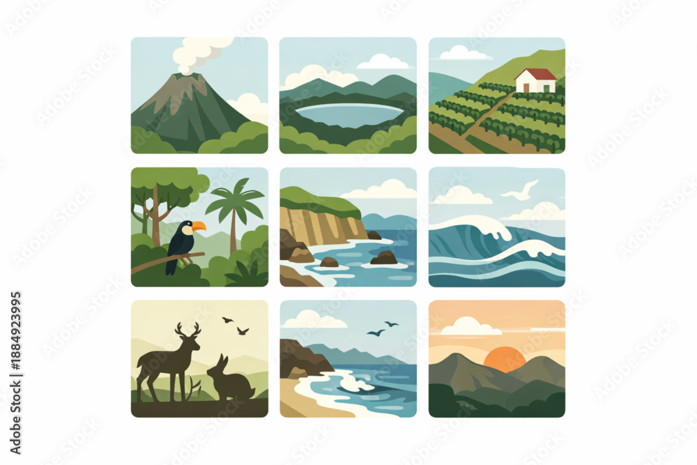 Naklejka premium El Salvador natural landscape icons in modern flat vector style