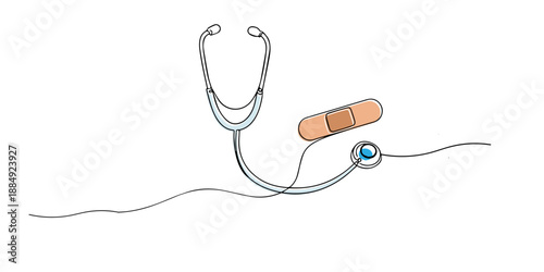 Line art illustration of a stethoscope with adhesive bandage. Hand drawn continuous line representing healthcare, medical care, treatment, and healing concept.