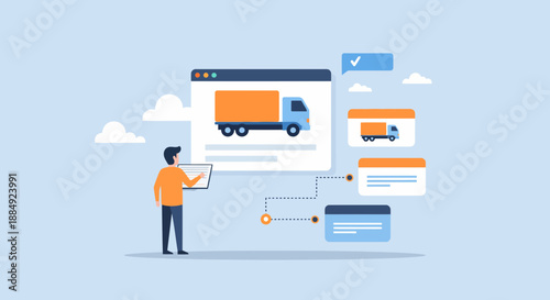 Delivery process illustration Man tracking a truck on a digital interface.