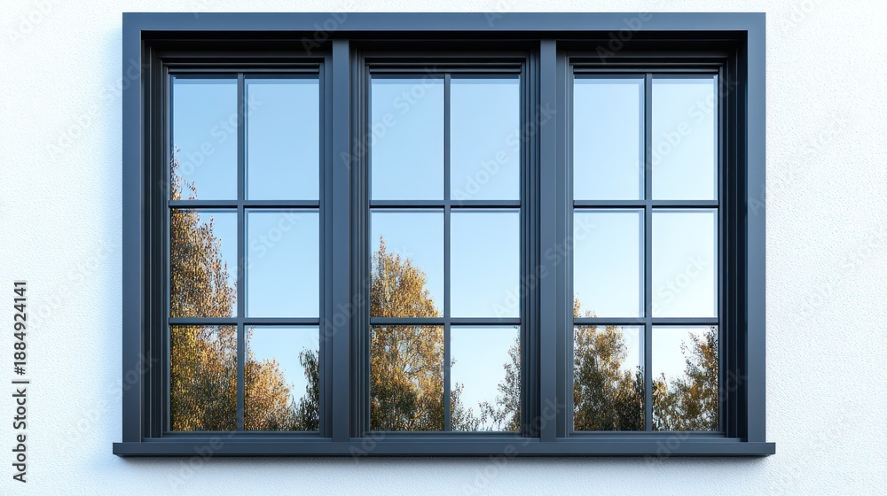 Obraz premium Modern Black Window on White Wall, Reflecting Trees, Daytime View, Stock Photo, Home Decor