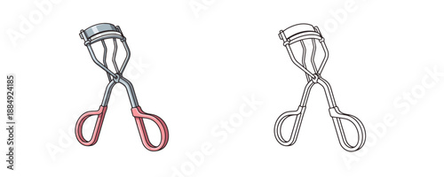 Professional eyelash curler in silver metal with pink handles and line art style for eye makeup and lash lifting in flat vector cartoon style isolated on white background