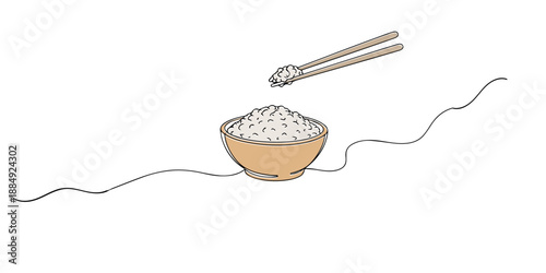 Line art illustration of rice bowl with chopsticks lifting rice. Hand drawn continuous line representing Asian cuisine, simple meal, daily food, and dining concept.