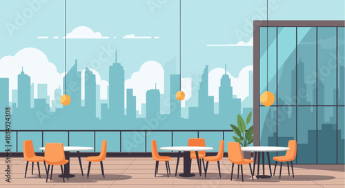 Modern restaurant interior with tables and chairs overlooking city skyline.