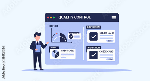 Quality control software interface with a businessman in front of it.