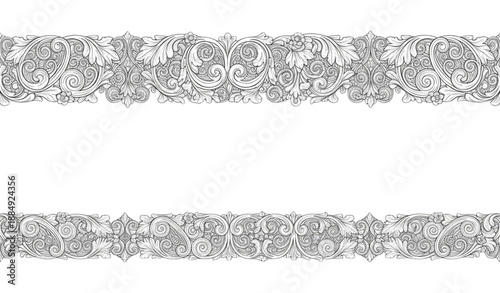 Retro baroque floral filigree border with engraved scroll and calligraphic ornament isolated on transparent background