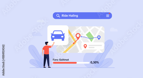 Ride hailing service illustration showing a person searching for a ride on a map.