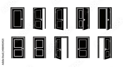 Set of various black and white door icons with different opening directions and styles.