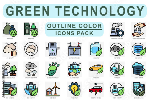 Green Technology outline color icons set. contain air purifier, battery storage, carbon footprint, recycling, mobility and more. Vector for modern concept, print, UI, UX kit, web and app development.

