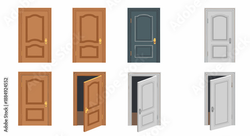 Set of six wooden and metal doors in various colors and open positions.