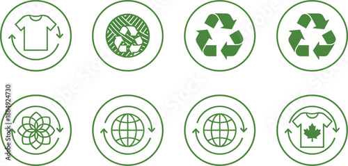 Collection of green recycling and sustainability icons featuring eco friendly symbols like globe planet t-shirt and recycle arrows.