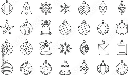 Christmas ornament icons collection featuring baubles bells stars snowflakes and geometric decorations in black outline holiday design set.