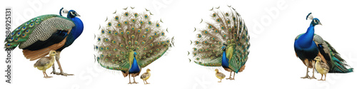 Tableau sur toile Set/Collection of Peacocks (Pavo cristatus) with Their Baby Peafowls, Majestic a