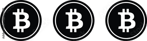 Bitcoin cryptocurrency coin icons set featuring black circular symbols for digital blockchain finance and virtual money design illustration.