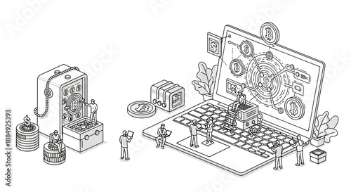 Digital currency mining and trading on laptop computer.