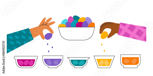 People dye easter eggs together. Spring traditional celebration. Vibrant colors painting,