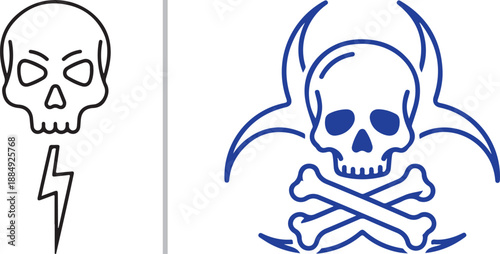 A minimalist vector design featuring two warning icons: a skull with a lightning bolt and a skull with crossbones over a biohazard symbol, representing electrical and biological dangers.