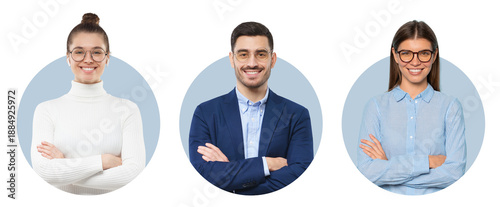 Three confident business professionals with arms crossed smiling