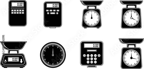 Black and white weighing scale icons set including digital and analog kitchen scales, industrial measurement devices, isolated vector silhouettes for UI, web, and print design