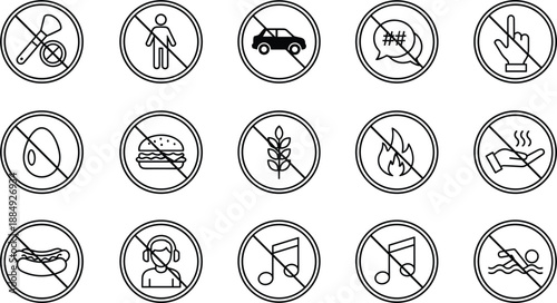 Large collection of circular prohibition signs featuring black line icons for various restricted activities and forbidden items set.