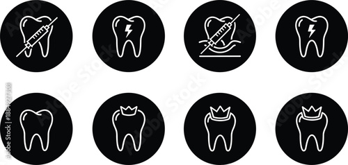 Set of eight dental care icons featuring tooth silhouettes with anesthesia syringes crowns and pain symbols in circles.