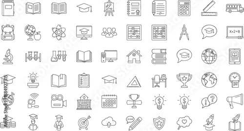 Comprehensive collection of linear education icons featuring school supplies books graduation caps science equipment and classroom tools for learning.
