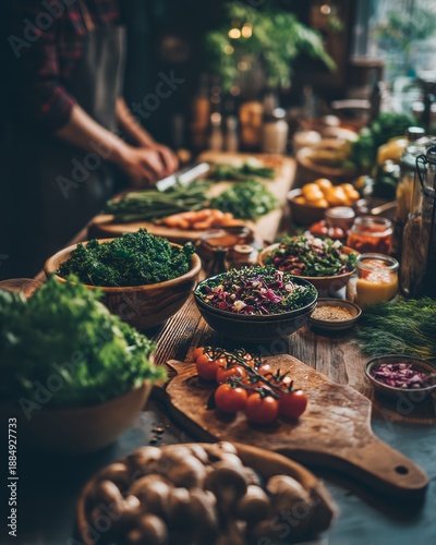 Fresh and Healthy Meal Preparation Station with Ingredients and Vegetables