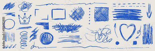 Messy pen scribble set. Pack of blue squiggle pencil lines, doodles, frames, scratch elements. Pack of freehand signs for designs. Isolated vector illustration on beige background