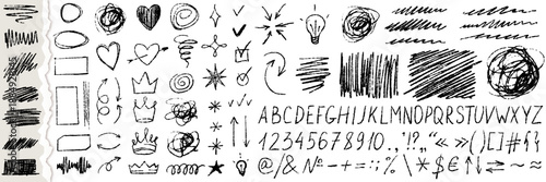 Messy pen scribble icons. Set of black pencil lines, doodles, handwriting letters, numbers, typography symbols. Pack of freehand signs for designs. Isolated vector illustration on white background