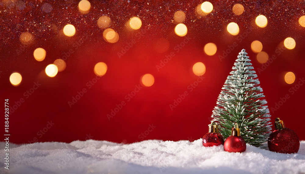 Obraz premium Red Snow Background With Pine And Glowing Christmas Lights And Baubles