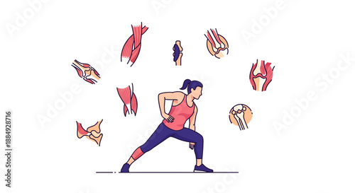 Active woman stretching surrounded by detailed anatomical diagrams of healthy joints and muscles for fitness guides