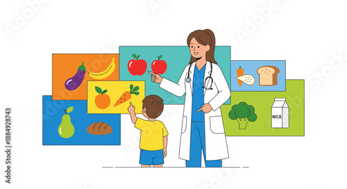Pediatrician teaches young patient about healthy food groups using colorful visual aids for balanced nutrition education