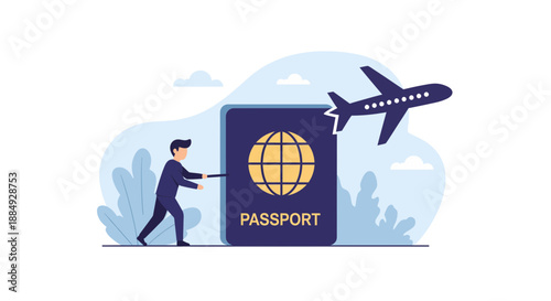 Determined traveler prepares for international journey holding massive passport next to soaring airplane illustration