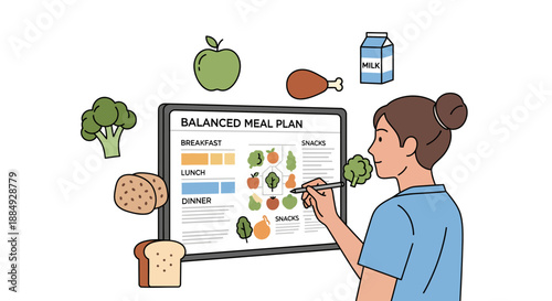 Professional woman designs perfect balanced meal plan on digital display surrounded by healthy food choices
