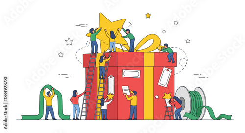 Dedicated small team collaborates diligently to wrap a giant red and yellow gift box with a shining golden star topper