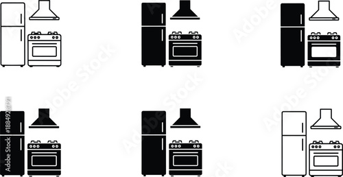 Set of six kitchen appliance icons featuring silhouettes of refrigerator gas stove and exhaust hood for interior design.