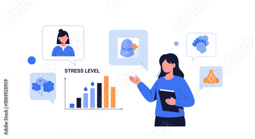 Professional presenting stress level indicators and coping mechanisms with clear data visualization for wellness programs