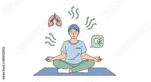Calm medical professional practicing deep breathing exercises for respiratory health and mindfulness during rest