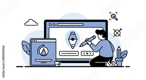 Creative designer meticulously crafting stunning digital product interface elements on a large computer screen