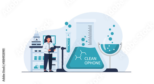 Professional female scientist diligently recording experimental results in a bright modern chemistry laboratory setting