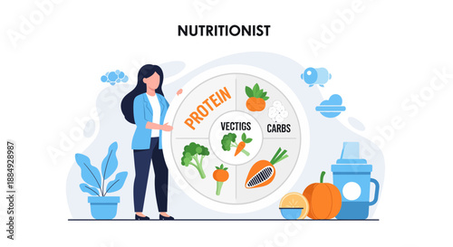 Professional nutritionist expertly explains balanced diet concepts using a vibrant food group wheel diagram for wellness coaching
